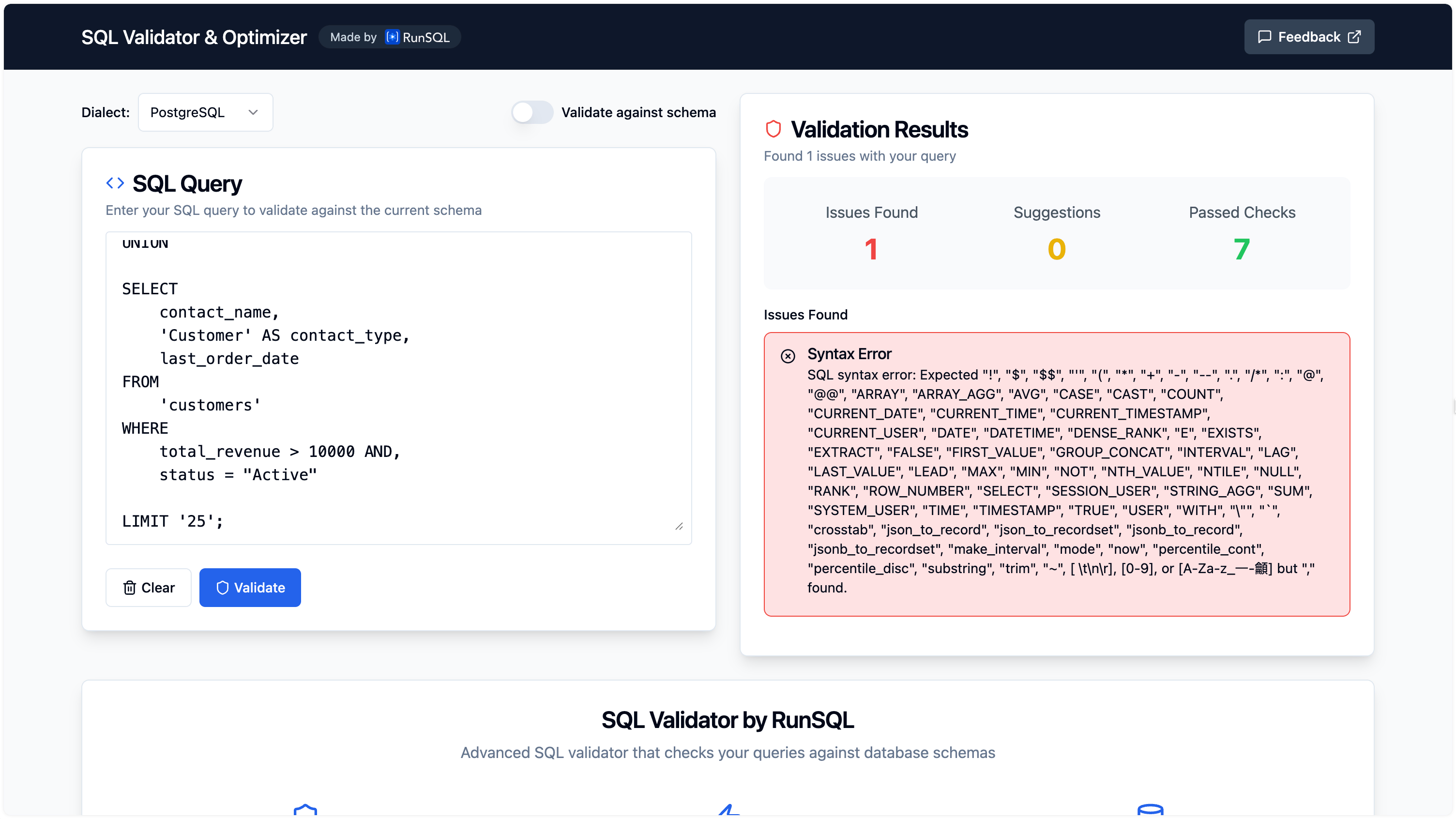 SQL validator runsql.com