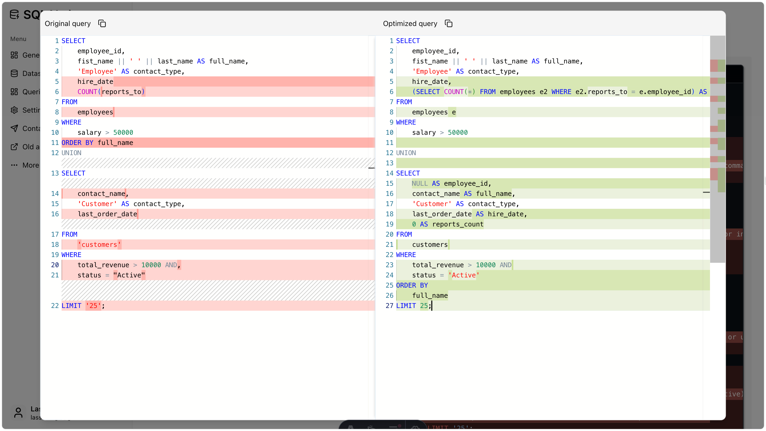 View diff of SQL syntax queries
